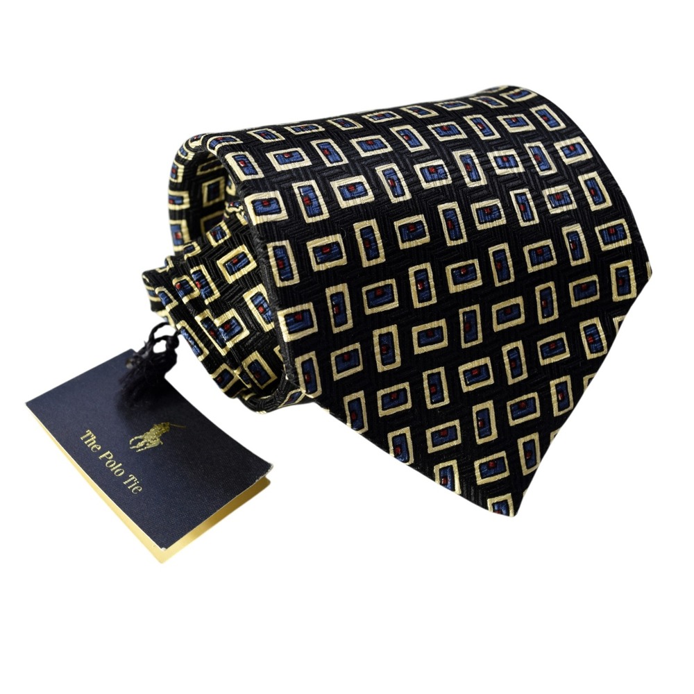 Polo Ralph Lauren Black Blue Geometric Vintage Wide Silk Tie Handmade USA NWT